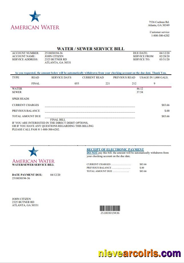 USA Georgia American Water utility bill